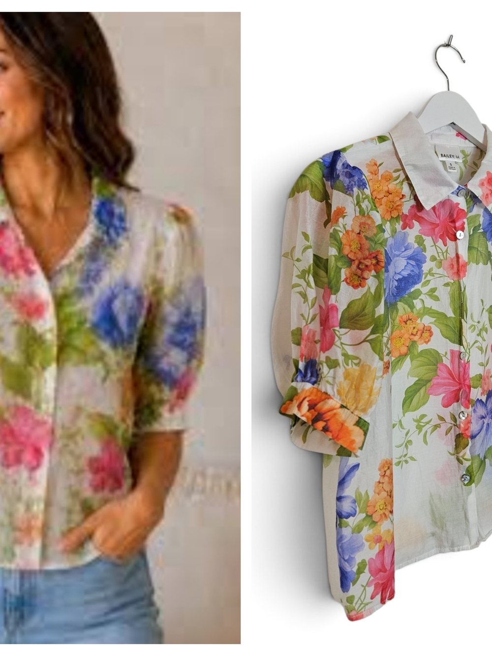 Bailey 44 Blouse S Miranda Eyelet Puff Sleeve Watercolor Floral Ivory